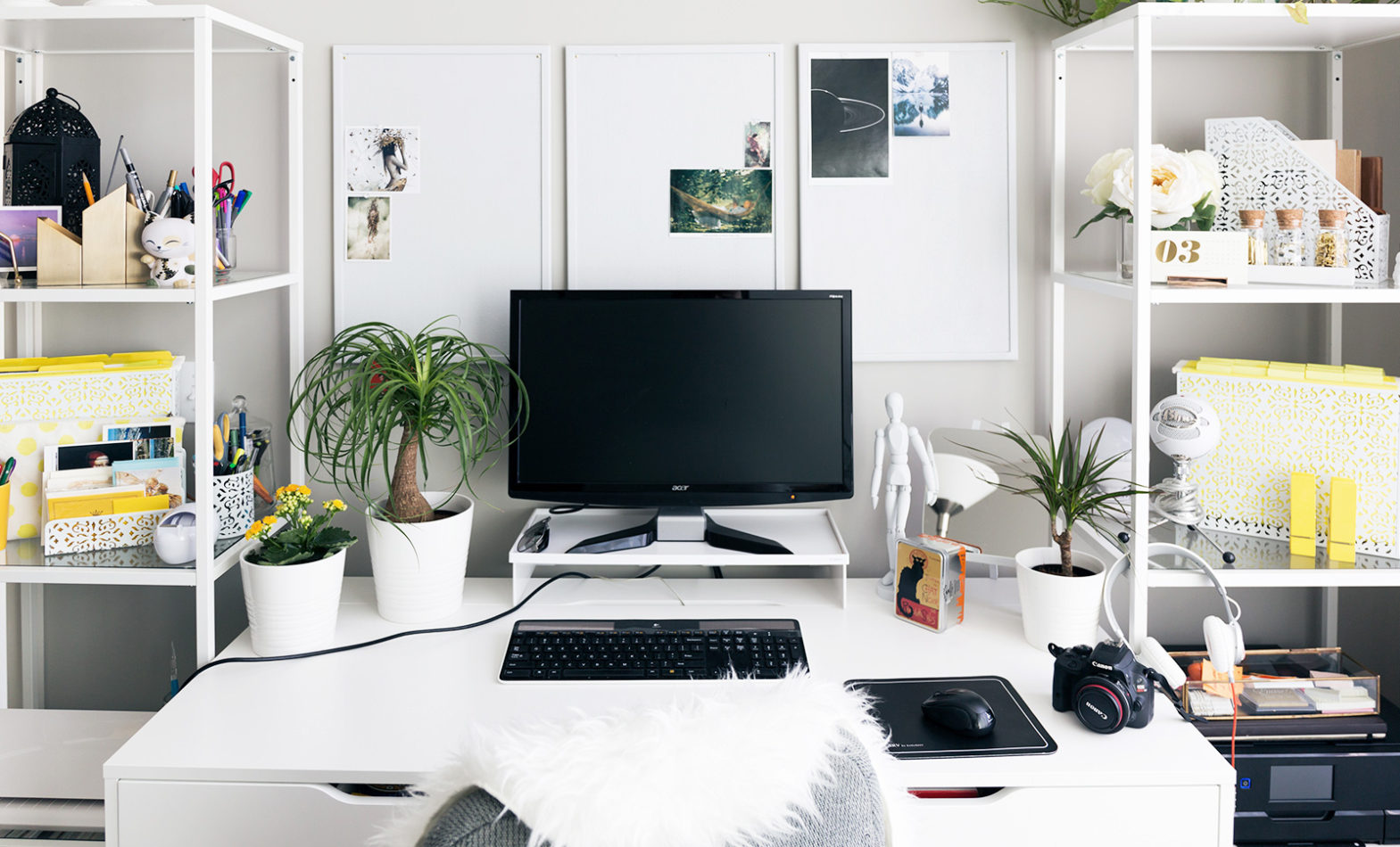 A white workspace with black gadgets