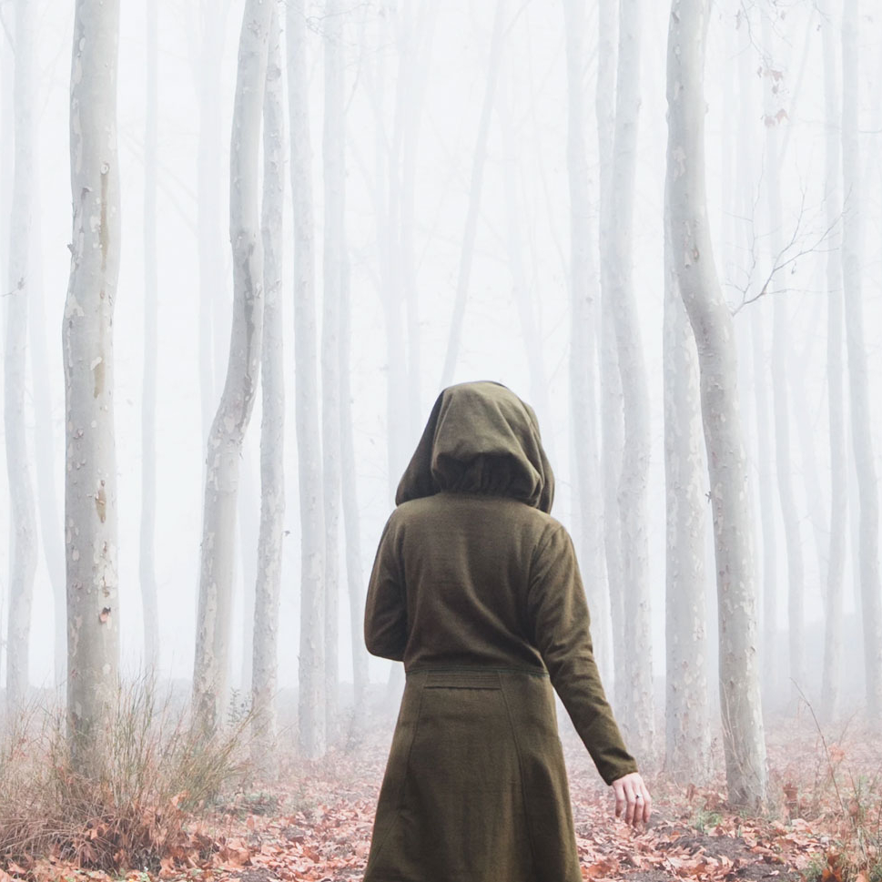 A hooded person in a forest